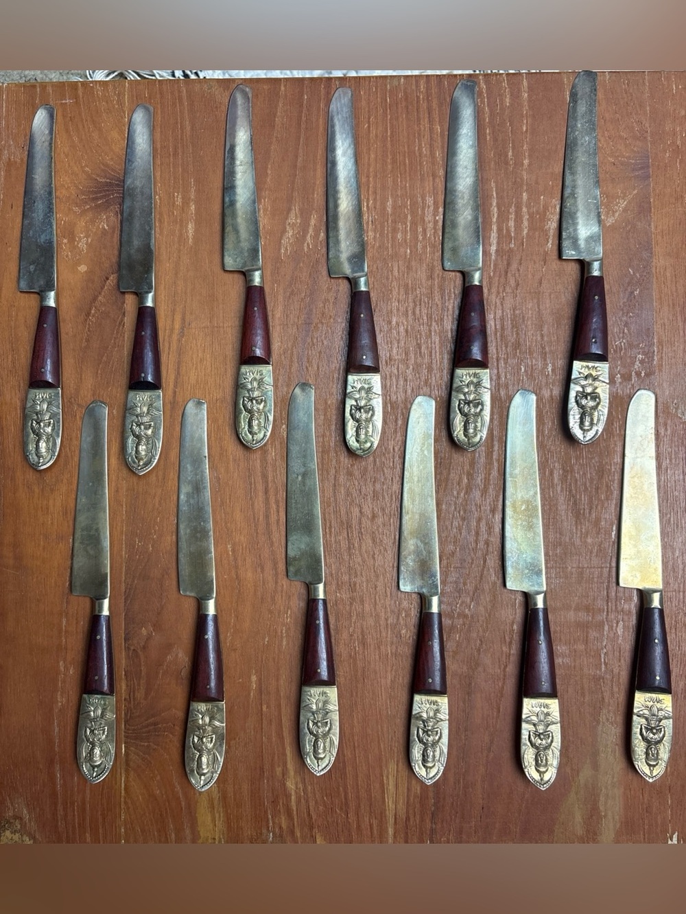 Vintage Siam Thailand Butter Knife 12 pcs Silverware Brass Wood Handle Flatware